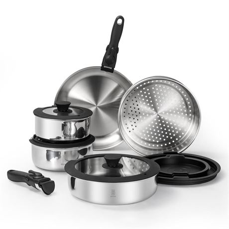 ROYDX 3-Ply Pots and Pans Set,18/10 Stainless Steel Cookware Set with