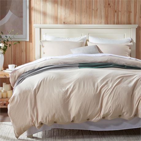 Anluoer Duvet Cover Queen Size,Beige Duvet Cover Set with Buttons Closure,