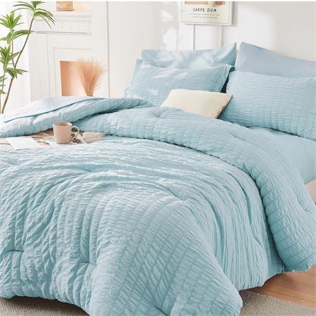 HYMOKEGE Lake Blue California King Comforter Set Seersucker 7 Pieces, All