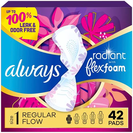 Always Radiant with FlexFoam Pads, Size 1, Regular, Wings, 42 Count