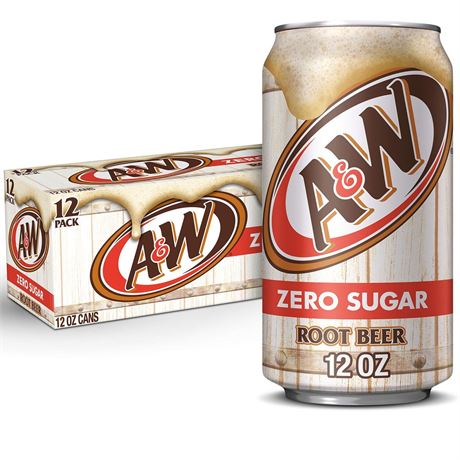 A&W Zero Sugar Root Beer Soda, 12 fl oz cans, 12 count Zero Sugar 12 Fl Oz