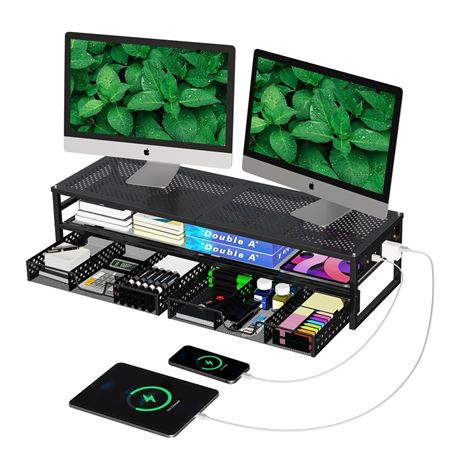 Simple Trending 2 Tier Metal Monitor Stand Riser with USB 2.0 and Charging Prot