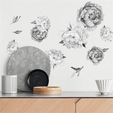 Peony Watercolor Wall Decals (black and white watercolor) - Peony Decor Flowers