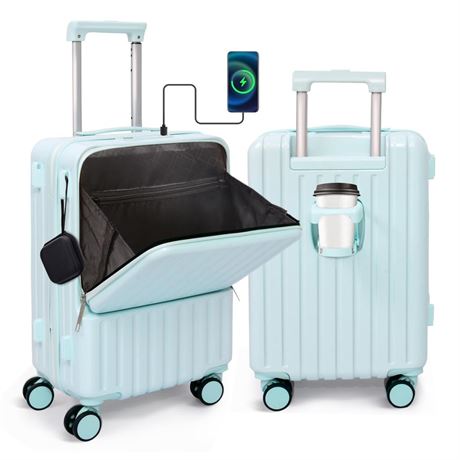 Front Pocket Luggage, Carry-on Luggage with Spinner Wheels, Suitcase with Cup