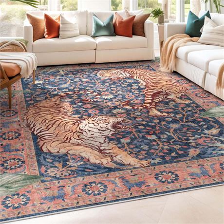 Well Woven Apollo Botanical Tiger Navy Washable Rug – Dining Room & Bedroom,