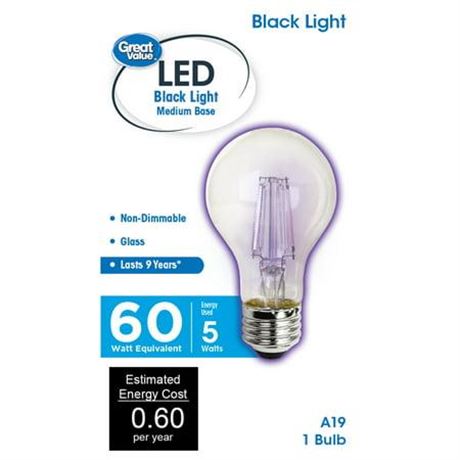 Great Value LED Black Light Bulb  5 Watts (60W Equivalent) A19 Black Light E26