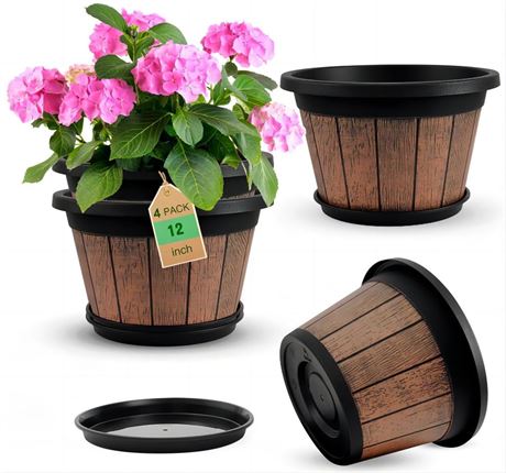 Quarut 4 Pack 12 inch Plant Pots,Whiskey Barrel Planters with Drainage Holes &