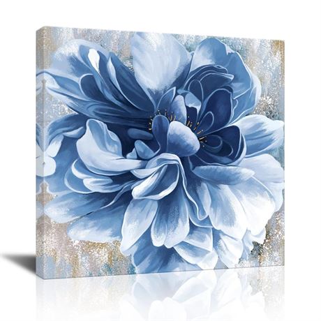 Blue Flower Wall Art,Navy Blue Floral Canvas Print Nature Scenery Wall Art for