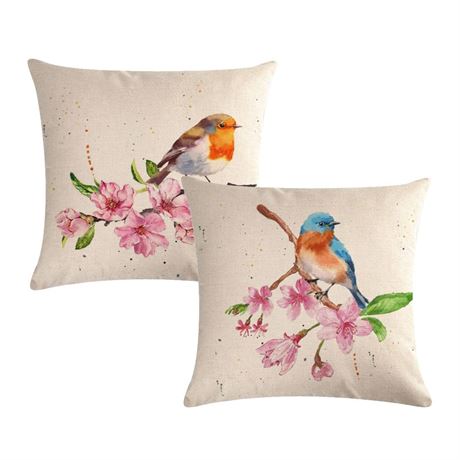 Watercolor Painting Throw Pillow Covers Birds On The Tree With Spring Pink