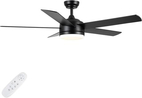 52 Inch Black Ceiling Fan with Light and Remote Control. Dimmable 3 Color