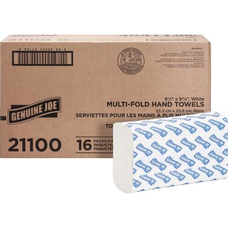 Genuine Joe Multifold Hand Towels, 9.5" x 9.10", 1-Ply, White, 250/Pack, 16
