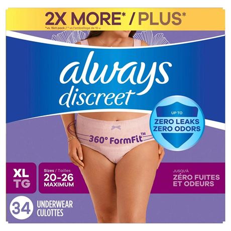 OFFSITE Always Discreet Adult Incontinence Underwear for Women, Size XL, 34 CT