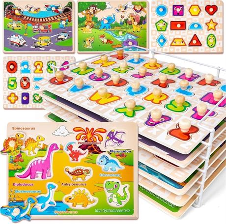 SYNARRY Wooden Peg Puzzles for Toddlers 1-3, 6-Set Animal Jigsaw Puzzles with