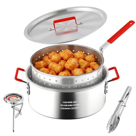 10QT Fish Fryer Pot with Basket, Aluminum Deep Fryer with Lid, Thermometer &