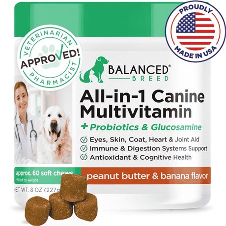 Balanced Breed All-in-1 Dog Vitamins Supplement Skin Coat Hip Joint NonGMO Made