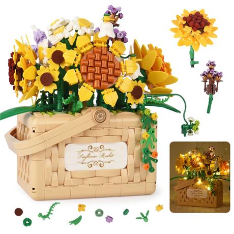 Sunflower Flower Bouquet Building Set Basket with LED String Light, Aroma