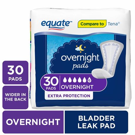 Equate Women's Overnight Incontinence Pads, Extra Protection, 30 Count