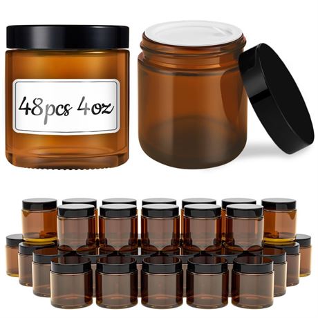 Tecohouse 4 oz Amber Glass Jar with Lids, 48 Pack Small Candle Jars with Lids &