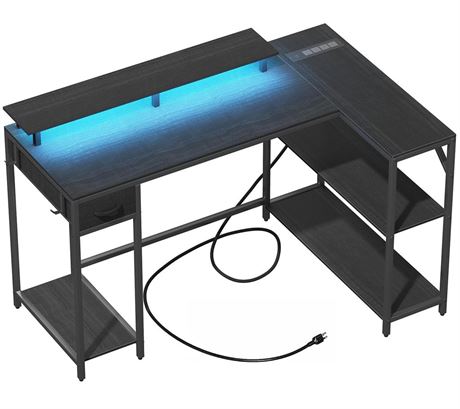 L Shaped Gaming Desk with Power Outlet & LED Light, 47 inch Reversible L Shaped