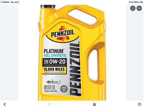 Pennzoil Pzl 0W20 Syn Platinum 5Qt - Synthetic Motor Oil, 0W-20, 5 Quarts -