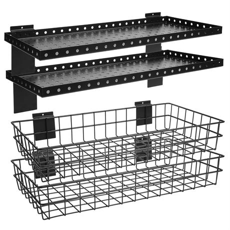 2 Pcs Slatwall Shelf and 2 Pcs Slatwall Baskets, Slat Wall Shelves, Metal