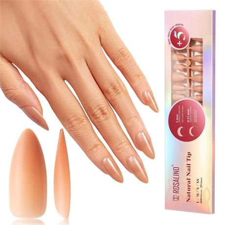 ROSALIND Deep Nude Almond Nail Tips, 200 PCS Natural Brown Nude Nail Tips Full