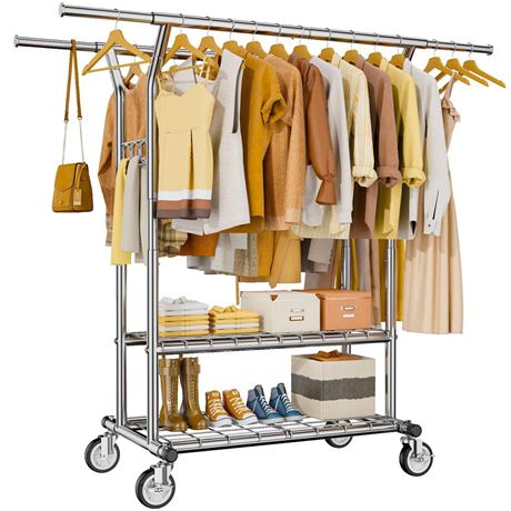 Heavy Duty Clothes Rack, Rolling Clothing Rack With Shelves Load 620 LBS,