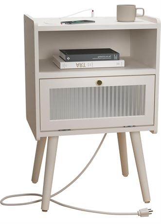 Mid Century Modern Nightstand with Charging Station, Bedside Tables with Glass