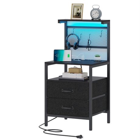 Tall Nightstand with Charging Station and LED Lights, Night Stand with Fabric