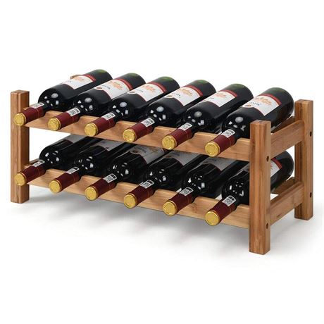 COSTWAY Wine Rack, Bamboo 12 Bottles 2-Tier Wine Display Rack for Countertop