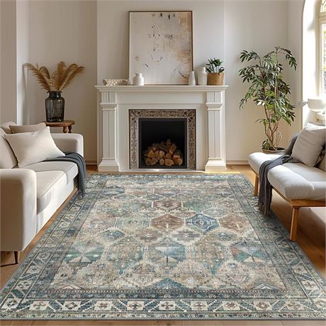 OFFSITE Area Rug 8x10 Machine Washable Vintage Distressed Print Ultra-Thin