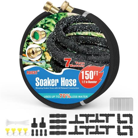 Soaker Hose 150FT Heavy Duty Rubber Saves 75% Water End Cap Included for