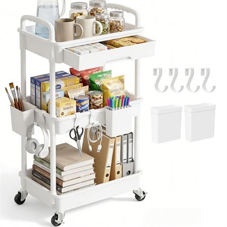 3 Tier Rolling Utility Cart with Drawer, Plastic Storage Organizer Rolling