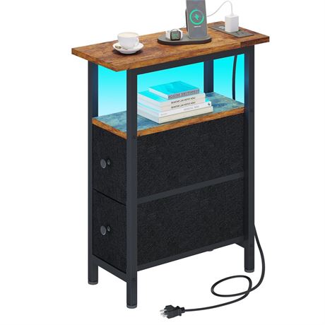 TRIFEBLE End Table with Charging Station, Narrow Side Table with 2 Fabric