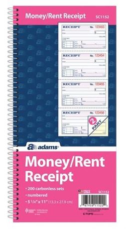 Adams Two-part Rent Receipt Book, Two-part Carbonless, 2.75 X 4.75, 4/page, 200