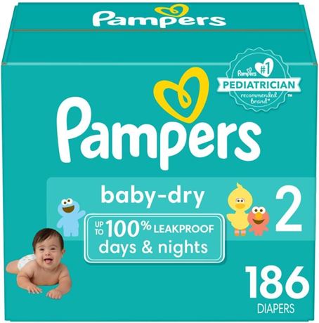 OFFSITE Pampers Baby Dry Diapers - Size 2, 186 Count, Absorbent Disposable