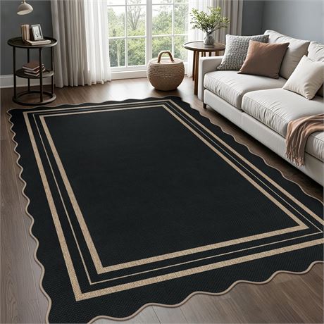 Scalloped 5x7 Rug for Living Room, Easy Jute Washable Outdoor Patio Carpet,