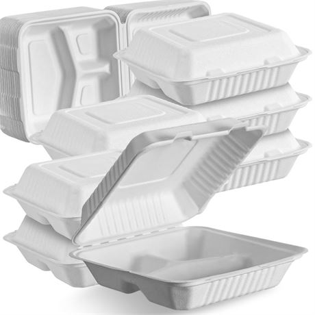 Hushee 60 Pcs Foam Hinged Lid Containers 3 Compartment Food Container Clamshell