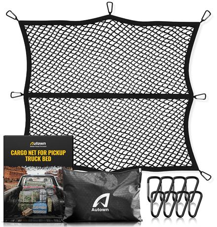 AUTOWN Cargo Net for Pickup Truck Bed - Stretchable 4'x4' to 7'x7', High