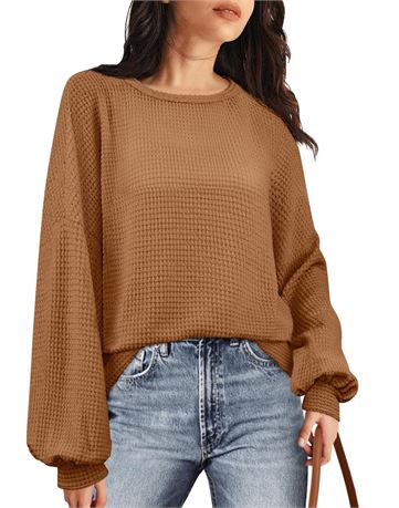 MEROKEETY Women's 2024 Fall Long Balloon Sleeve Waffle Knit Tops Crew Neck