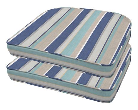 Honeycomb Indoor/Outdoor Stripe Blue & Beige Rounded Seat Cushion: Recycled