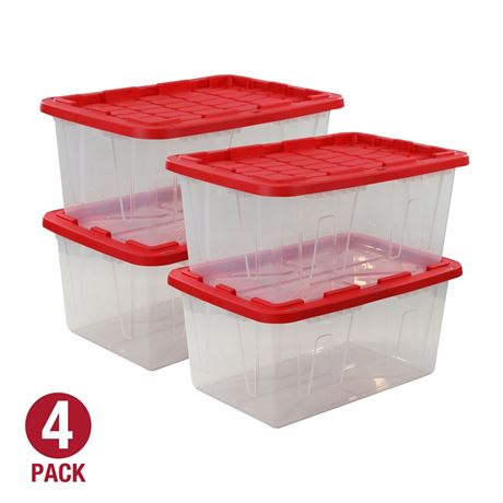 (Pack of 4) Hyper Tough 27 Gallon Clear Storage Bin with Red Snap Lid, Heavy