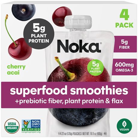 Noka Organic Superfood Smoothie Pouches, Plant Protein, Cherry Acai, 4.22oz, 4