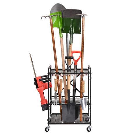 Mythinglogic Garden Yard Tool Organizer for Garage with Wheels, Yard Tool Racks