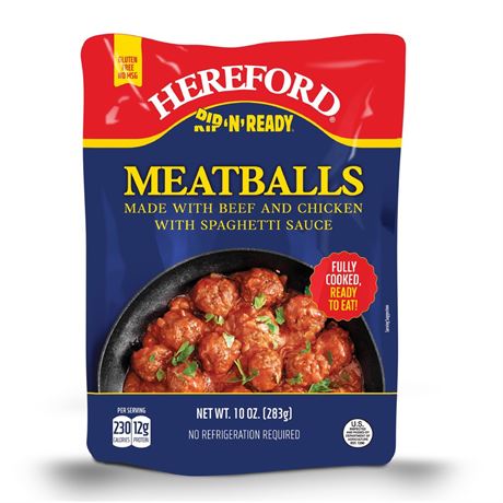 Hereford Meatballs with Spaghetti Sauce, Fully Cooked, Shelf Stable, 10 oz Pouch