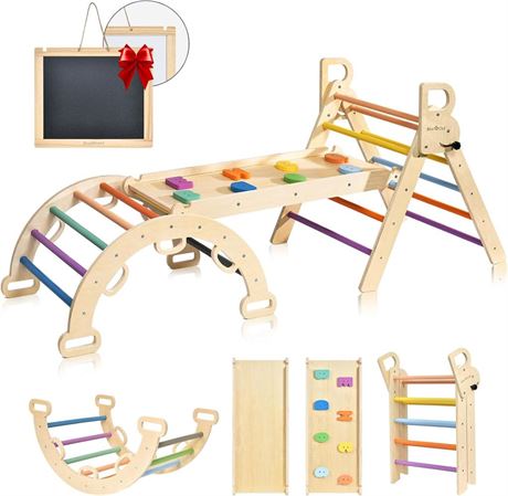 BlueWood Pikler Triangle Set Rainbow Pikler Climbing Set for Toddlers, Foldable