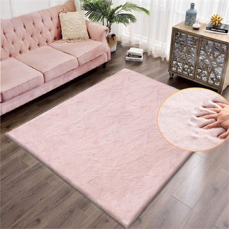 Pink Washable Fluffy Rug 5x8 Area Rugs for Bedroom Plush Faux Rabbit Shag Fur