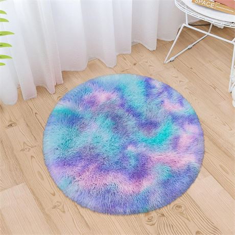 Purple Rainbow Round Rug Furry Circle Rug for Teen's Room Thick Plush Bedside