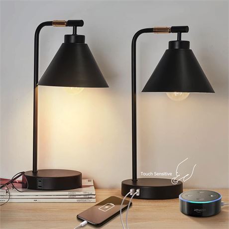 Black Touch Nightstand Lamp, Dimmable Industrial Table Lamp with USB Port and