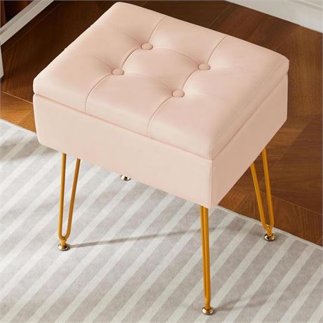 OFFSITE Pink Faux Leather Vanity Stool with Storage, Comfortable Vanity Chair